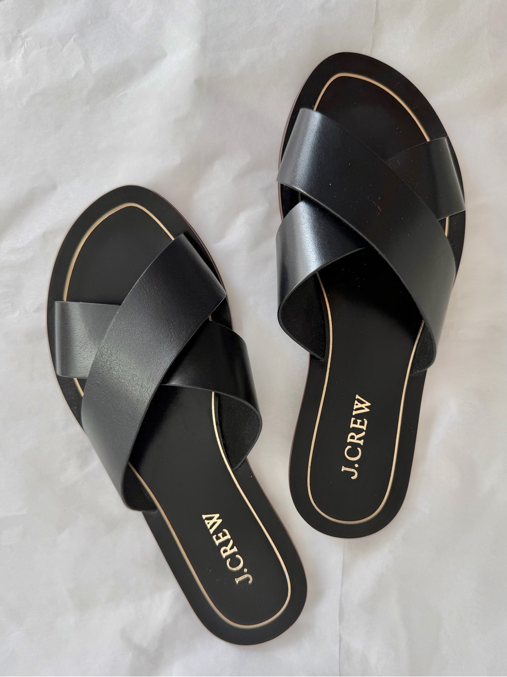 J. Crew Cyprus Black Crisscross Leather Slide Sandals with Gold Trim size 5